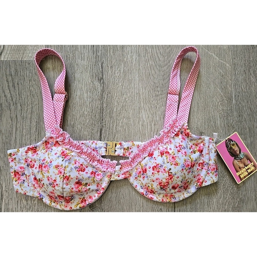 Strawberry Milk Mob Pink Floral Bikini Ruffle Wire Bra Top‎ Young Love  Large